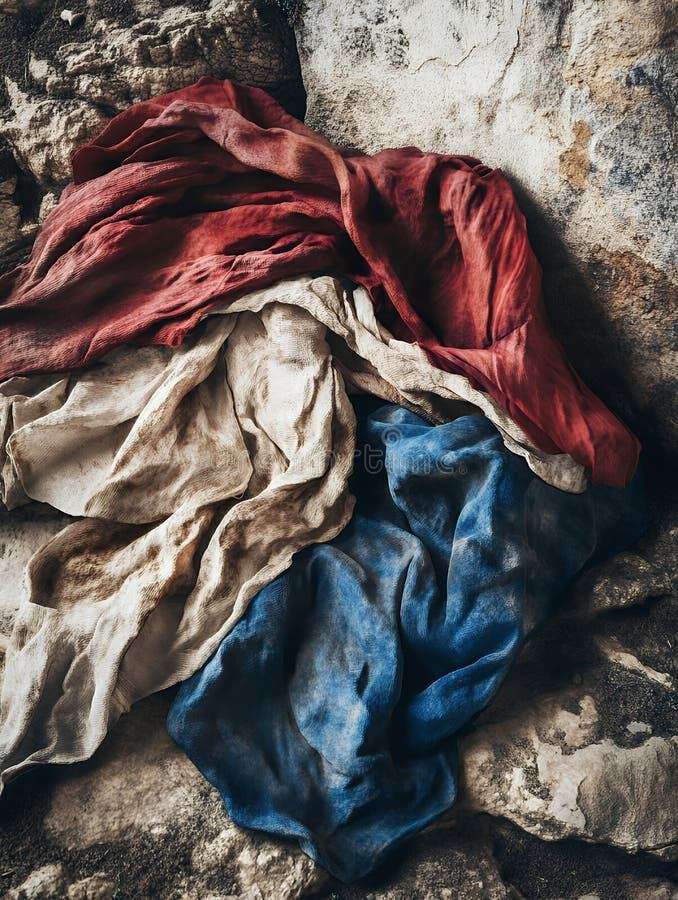 Pile of red beige and blue cloths draped against a textured stone wall in dimly lit space royalty illustrazione gratis