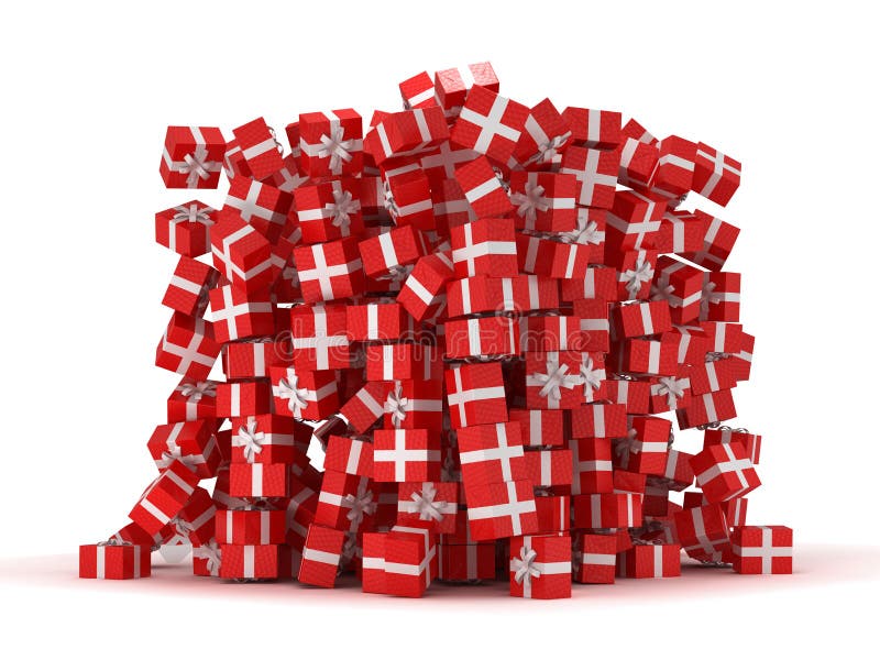Pile of red gift boxes with presents over white. Pile boxes illustrations
