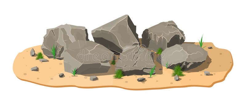 Pile of rock stone with grass on sand. vector illustration Pile of rock stone with grass on sand. vector illustration