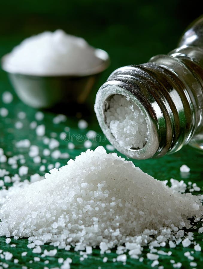 Pile of salt grains spilling from a salt shaker on a green surface. Close up view vector illustration