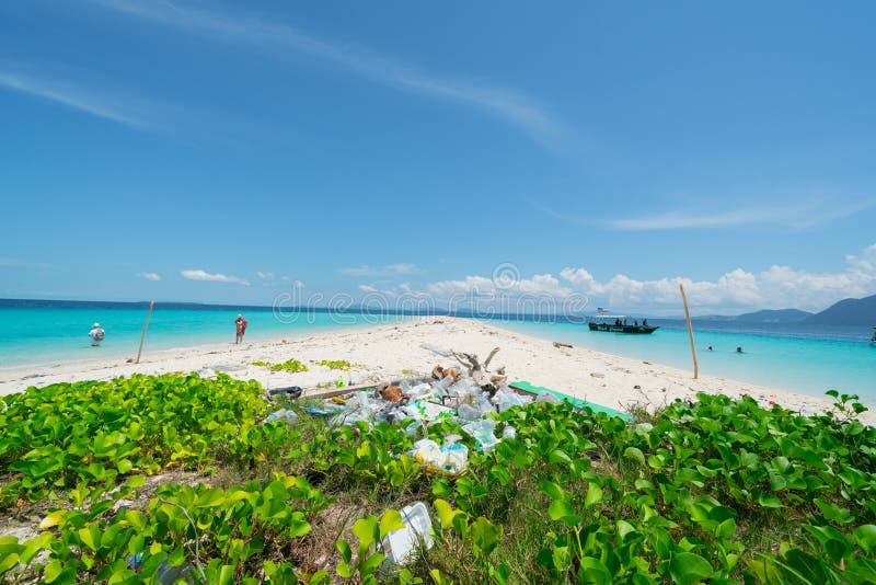 Pile of single use plastic bottles and other on otherwise pristine tropical island