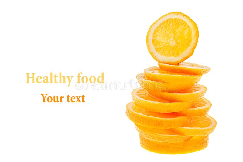 Pile of slices of sliced oranges on a white background. Isolated. Copy space. Fruit background.