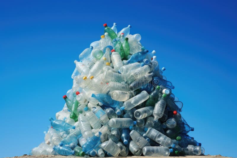 Un morman de sticle din plastic sortate cu un cer albastru clar. Un morman de sticle din plastic sortate pe un cer albastru deschis creat cu ajutorul generativ generat