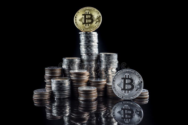 Pile of stacking coins with golden bitcoin on top, king of all c royalty free stock images