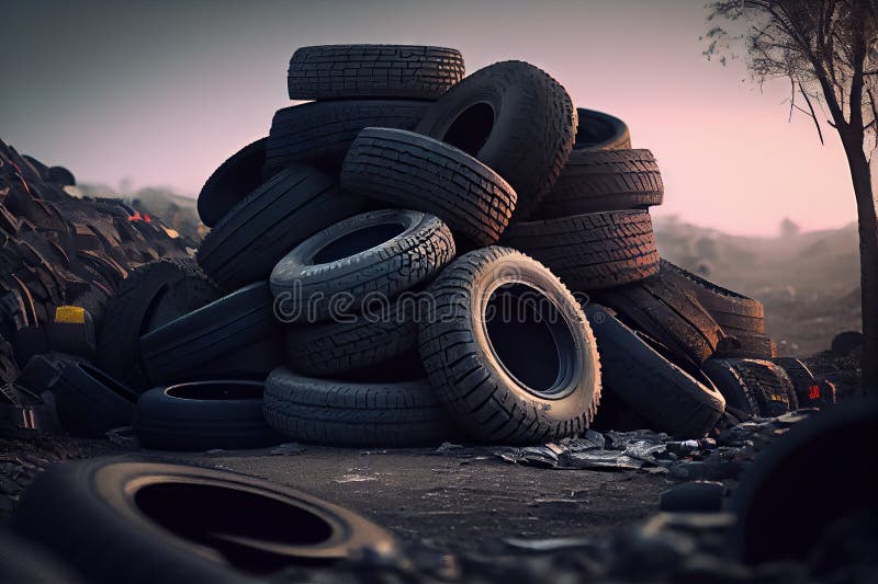 Pile of Used Car Tires on the Ground . Generative AI Stock Image