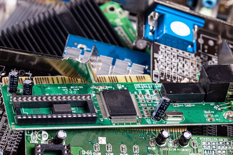 Pile with various computer electrical boards and components, Repairing and upgrade concept, closeup stock photo