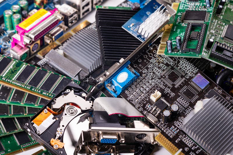 Pile with various computer electrical boards and components, Repairing and upgrade concept, closeup royalty free stock photo