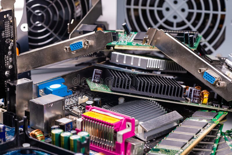 Pile with various computer electrical boards and components, Repairing and upgrade concept, closeup royalty free stock photo