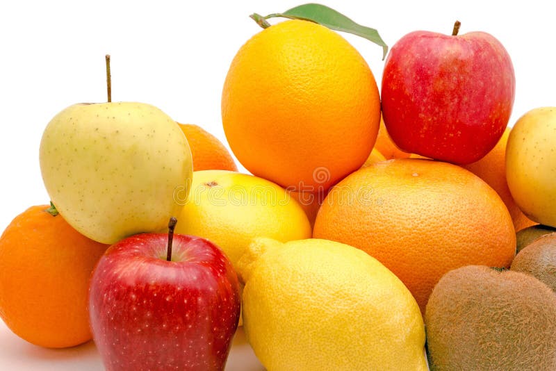 Pile of various fruits isolated on a white backgro