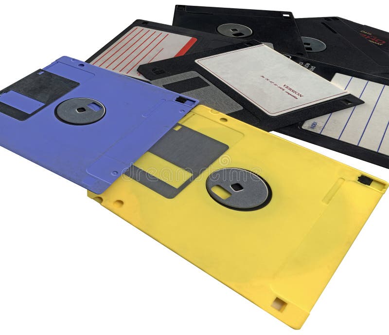 Pile, vintage floppy data computer disks, isolated