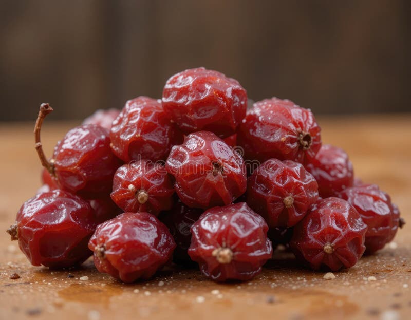 Pile von Shiny Red Dried Jujube Berries auf Holztisch stock abbildung