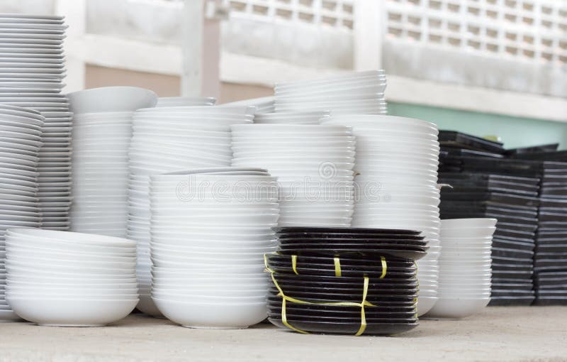 Pile of White Plates in Warehouse. Stock Photo Image of bowl, buffet 46266762
