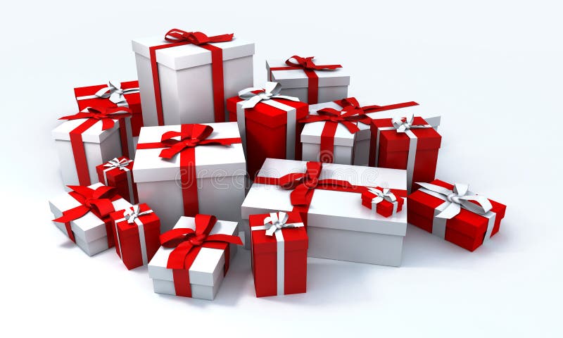 White gift box with red ribbon in the middle of a pile of white gift boxes. Pile boxes illustrations