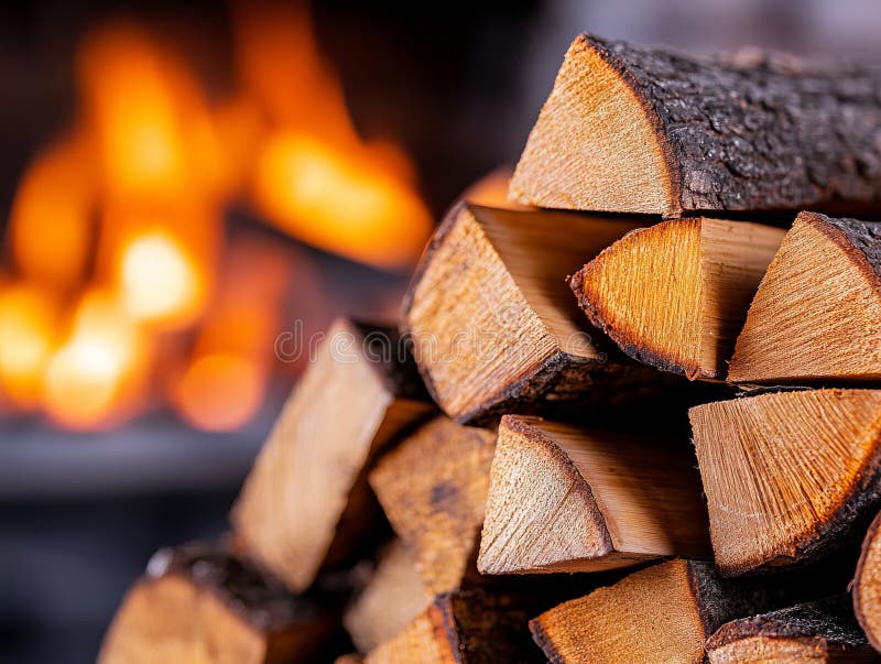A pile of wood sitting next to a fire stock image