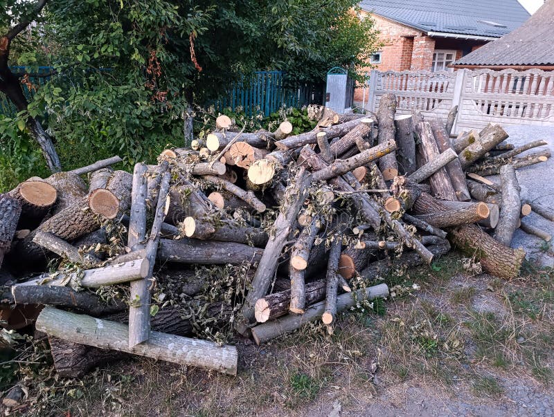 A pile of wood sitting on the side of a road stock image
