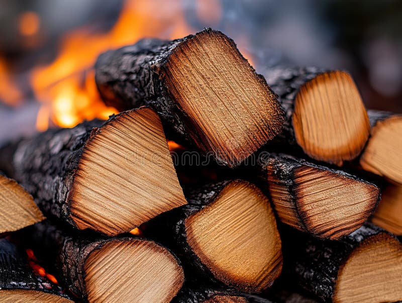 A pile of wood sitting on top of a fire stock photo