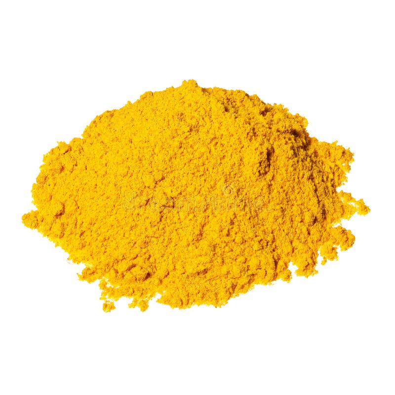 Pile of yellow curry powder isolated over the white background.