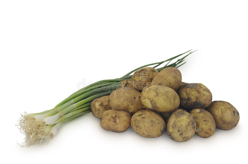 Pile of Young Potatos with Bulb Onion Isolated on White Background