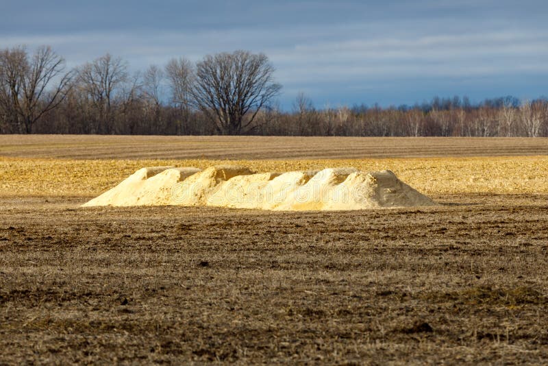 Piles of agricultural lime crushed limestone ready to be spread on the field to neutralize soil acidity and promote healthy plan