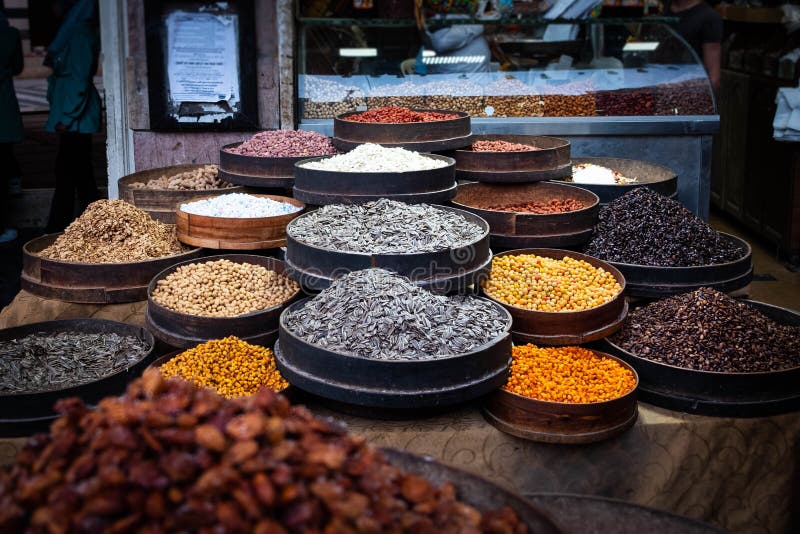 Piles of Nuts, Seeds, Salty Snacks and Coffee Beans at Roastery