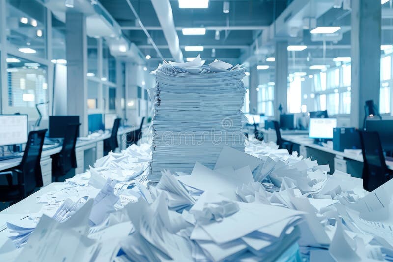 Piles of paper office filled with paperwork full archive file documents stack of folders information outdated old stock image