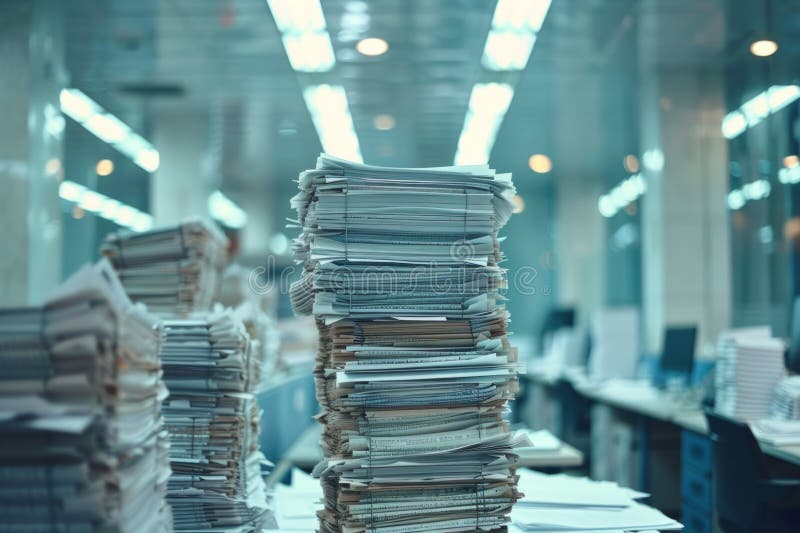 Piles of paper office filled with paperwork full archive file documents stack of folders information outdated old stock image