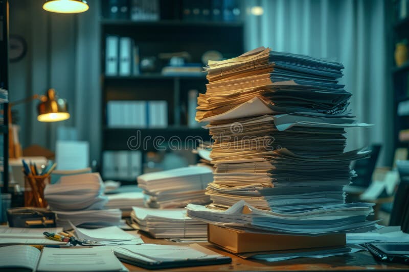 Piles of paper office filled with paperwork full archive file documents stack of folders information outdated old stock photography