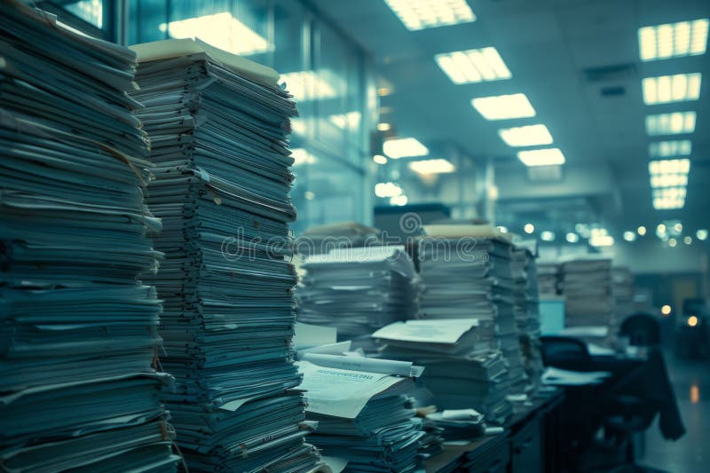 Piles of paper office filled with paperwork full archive file documents stack of folders information outdated old stock images