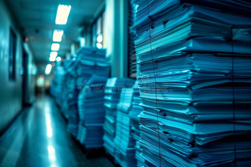 Piles of paper office filled with paperwork full archive file documents stack of folders information outdated old royalty free stock image