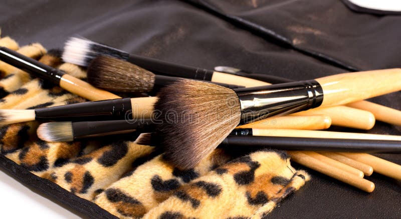 A pilha de escovas com um exemplo do leopardo para compõe imagens de stock A pilha de escovas com um exemplo do leopardo para compõe imagens de stock