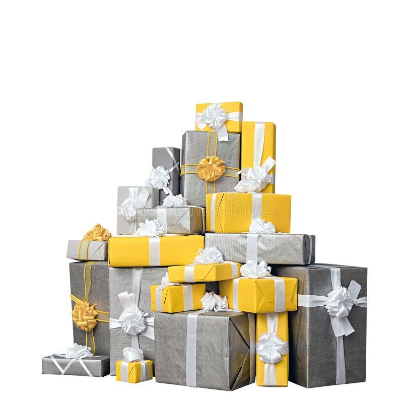 Pilha de presentes amarelos e cinzentos do Natal, isolada no branco fotos de stock royalty free Pilha de presentes amarelos e cinzentos do Natal, isolada no branco fotos de stock royalty free