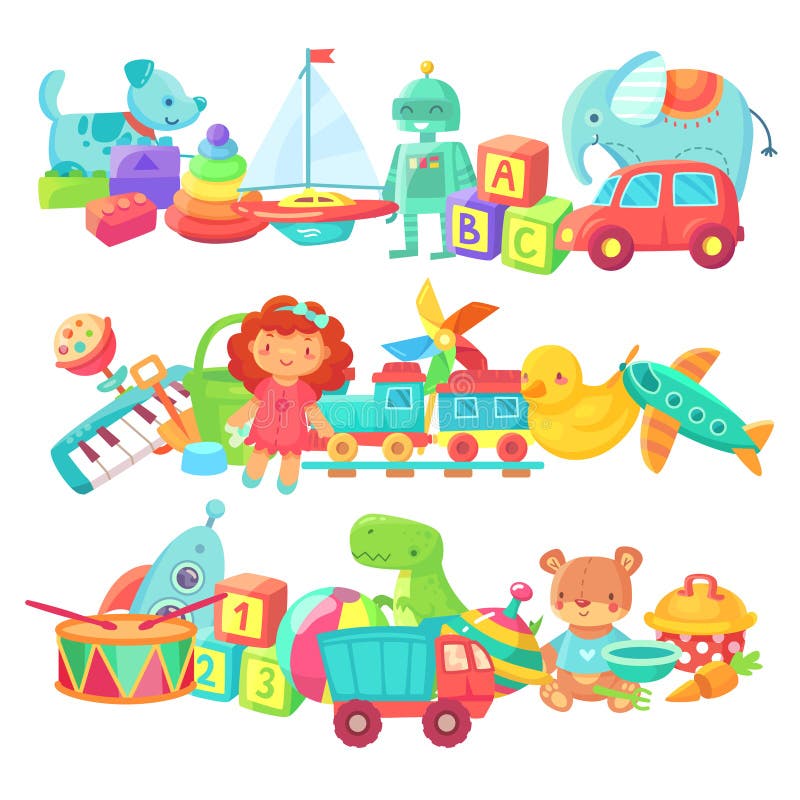 Pilhas do brinquedo Grupos dos brinquedos das crianças Boneca dos desenhos animados e trem, bola e carros, grupo isolado barco do