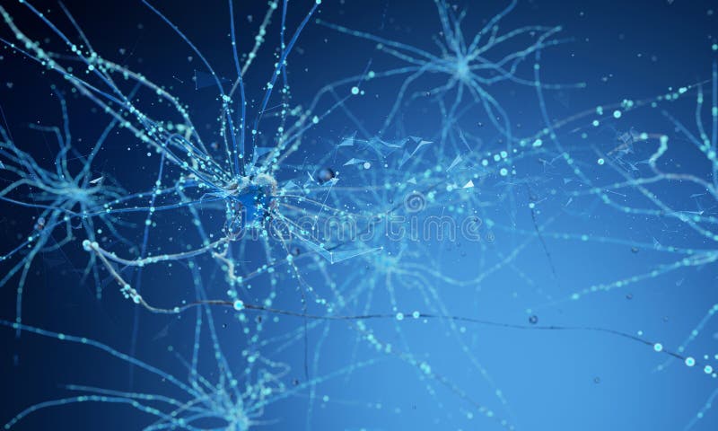 Conceptual illustration of neuron cells with glowing link knots in abstract dark space, high resolution 3D illustration 3d render 3d illustration. Conceptual illustration of neuron cells with glowing link knots in abstract dark space, high resolution 3D illustration 3d render 3d illustration
