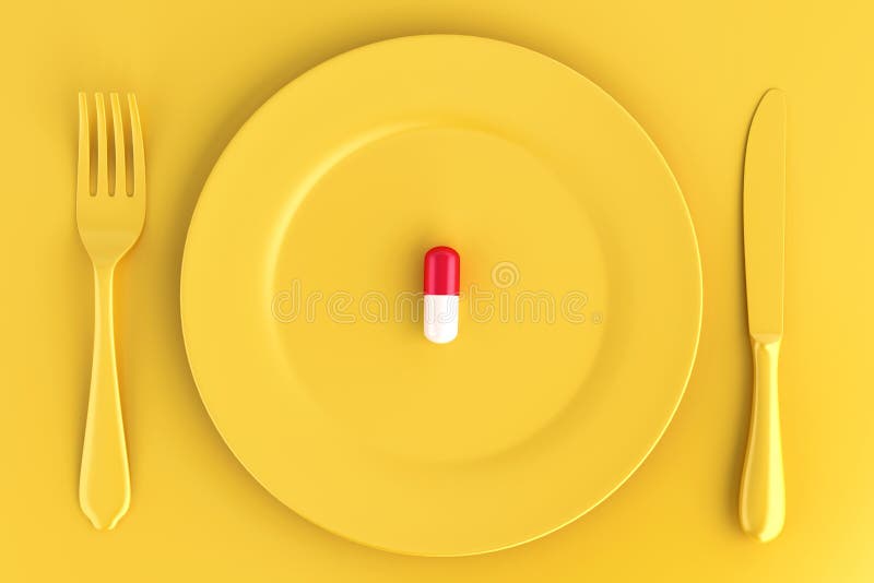 Pill on plate. Food concept. 3D illustration.