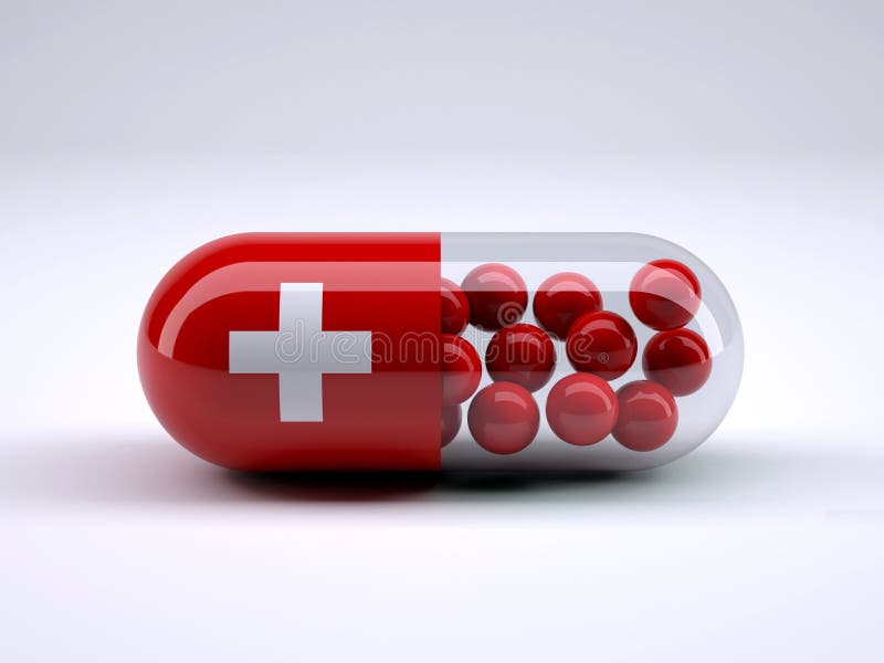 Pill with Swiss flag wrapped around it and red ball inside