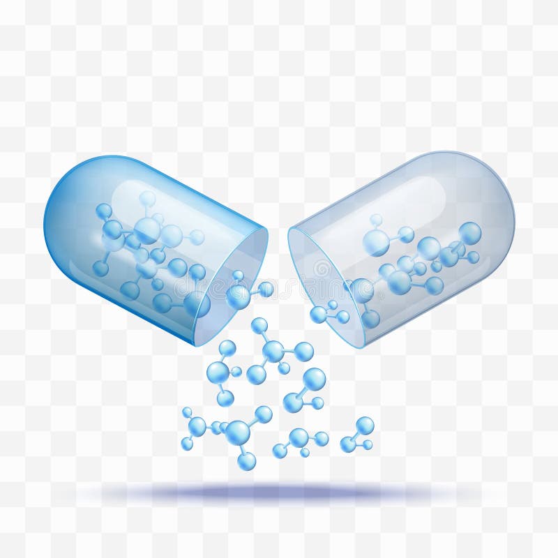 Pillola aperta della capsula con la caduta fuori molecole blu nello stile realistico