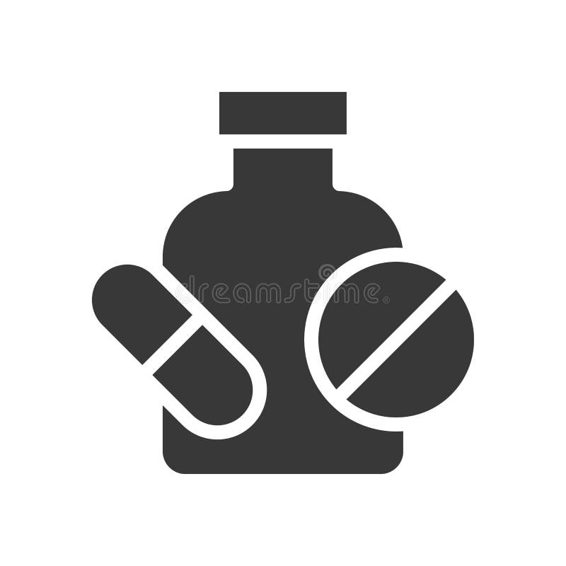 Pillola con la bottiglia, icona solida relativa medica
