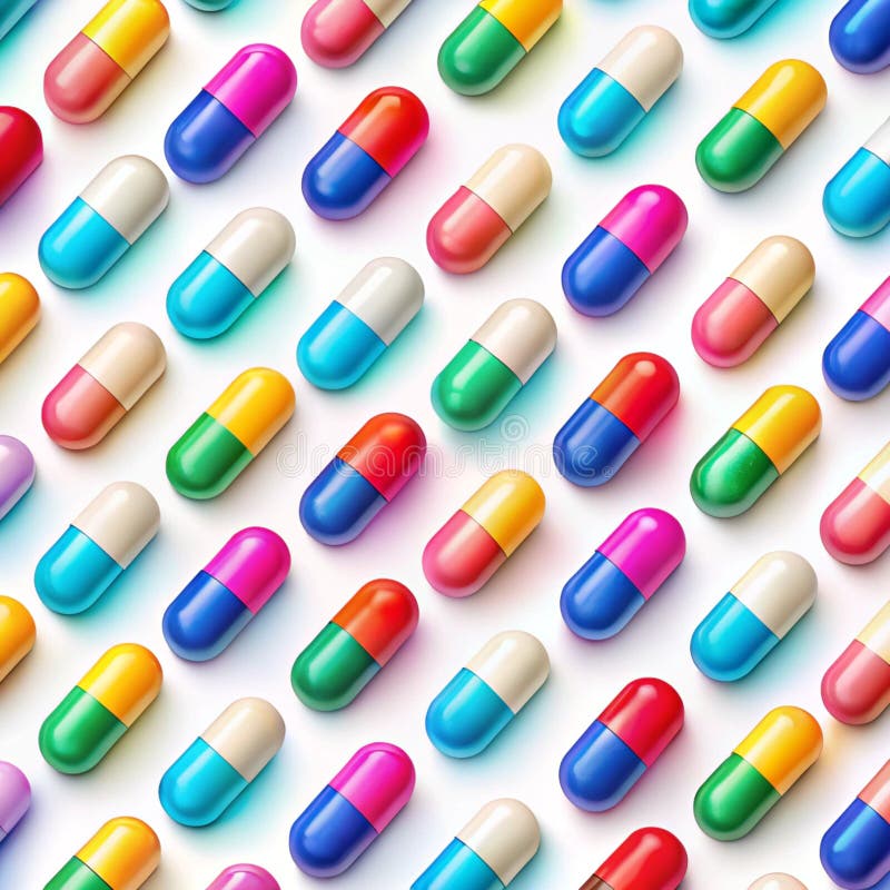 Pillole colorate disposte in modo ripetuto su fondo bianco illustrazione vettoriale