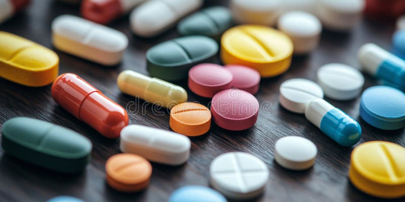 Pillole colorate e capsule sparse su un tavolo nel concetto di sanità e medicina illustrazione vettoriale