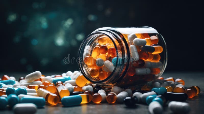 Pillole colorate straripano dalla bottiglia di medicina. aizione generativa illustrazione vettoriale
