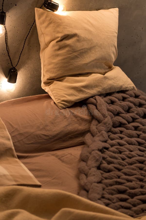 White Lumbar Pillow on a Bed, Case Mockup. Interior Photo Stock Image