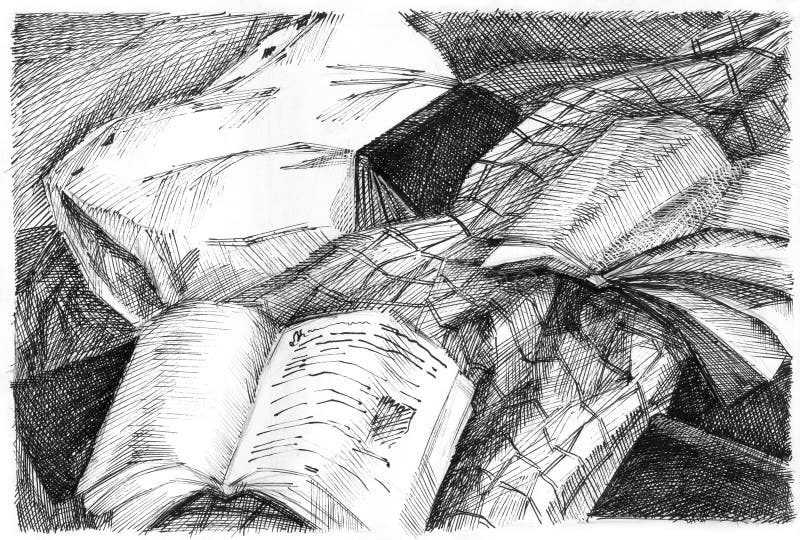 Pillow, Blanket and Books Graphic Still Life Stock Illustration Illustration of monochrome