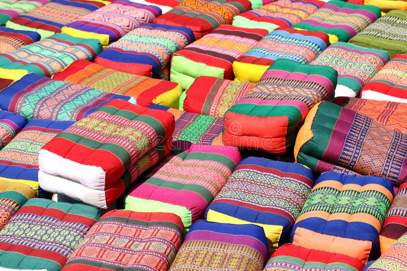 The pillow, traditional native thai style pillow, colorful thai style pillow, many various pillow pile stack