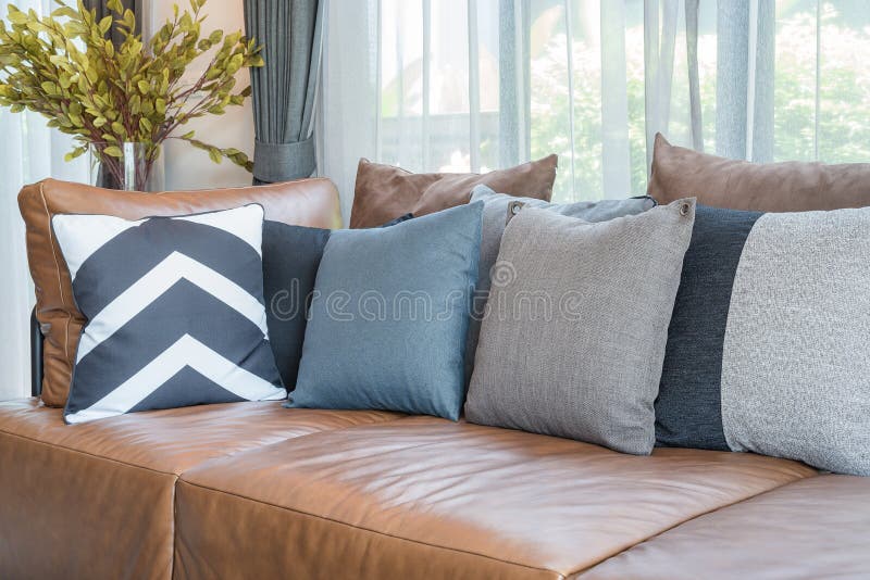 Pillows on Brown Leather Sofa Stock Image Image of architecture