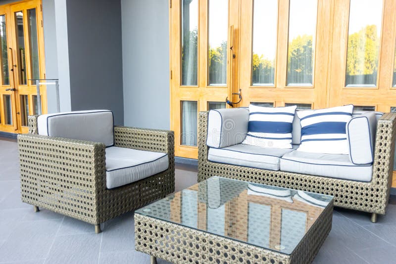 Pillows with Outdoor Patio Deck and Sofa Stock Photo Image of blanket