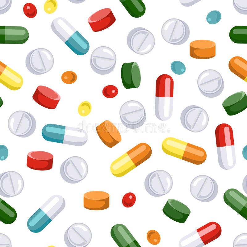 Pills and capsules seamless pattern on white background. Vector illustration of medical pharmacological drugs.