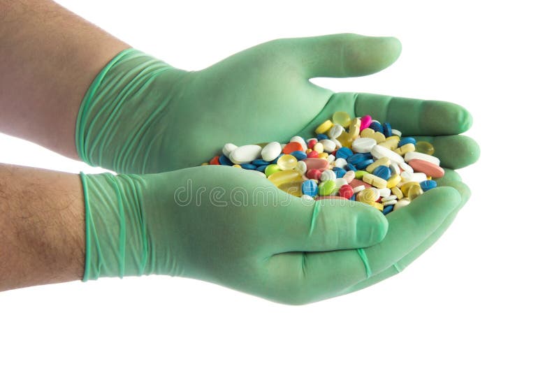 Pills on Hands Isolated on White Background Chemist Pharmacy Drug Stock