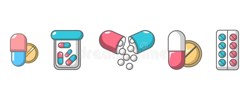 Pills Icon Set, Cartoon Style Stock Vector - Illustration of medication