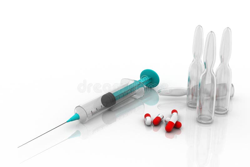 Pills, syringe and ampules