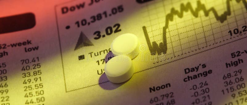 Close-up shot of pills on stock price chart. Close-up shot of pills on stock price chart.